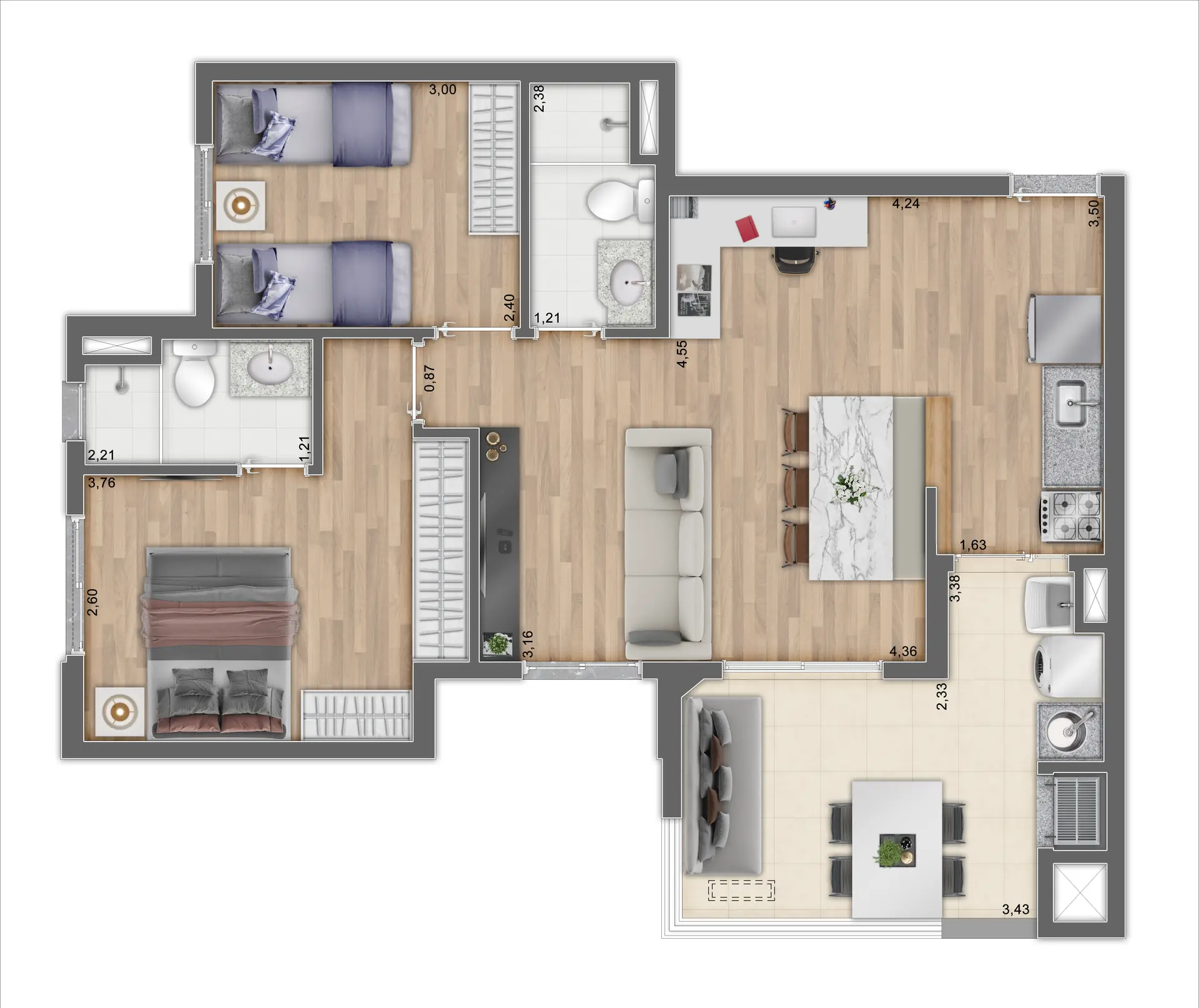Planta Tipo D Ponta Ampliada   66,81M²